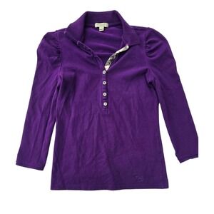 Burberry Brit Purple Velour Polo Shirt‎ Puff Sleeve Top Buttons Size S